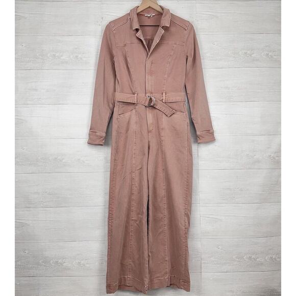 PAIGE Anessa Long Sleeve Jumpsuit Women 4 Pink Wide Leg Crop Belted High Rise - Picture 16 of 16